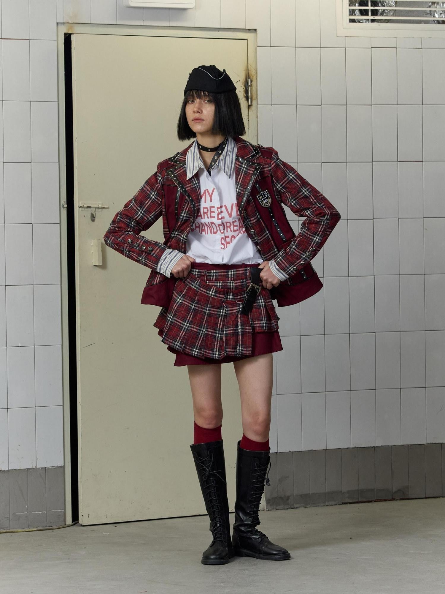 FULLTIDE Plaid Graffiti Asymmetric Pleated Low Waist Women&