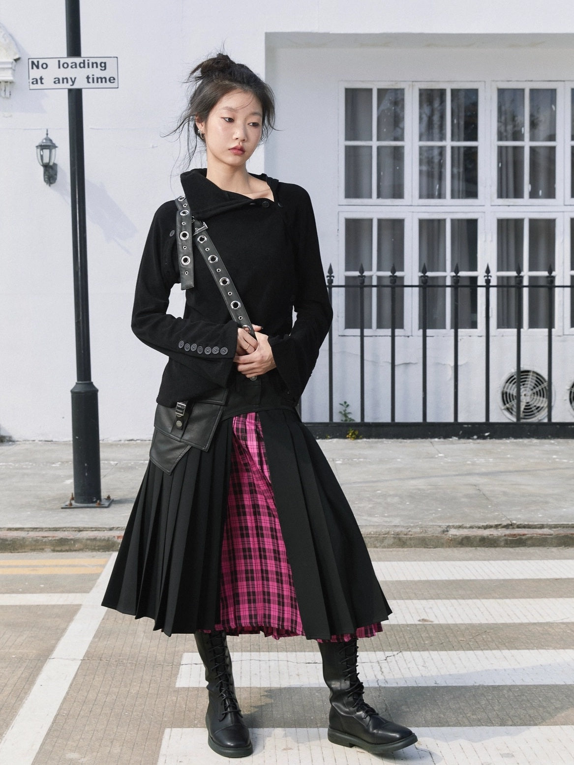 FULLTIDE Pleated A Line Mid Waist Suspenders Women Plaid Poly Cotton Blend Midi Skirt