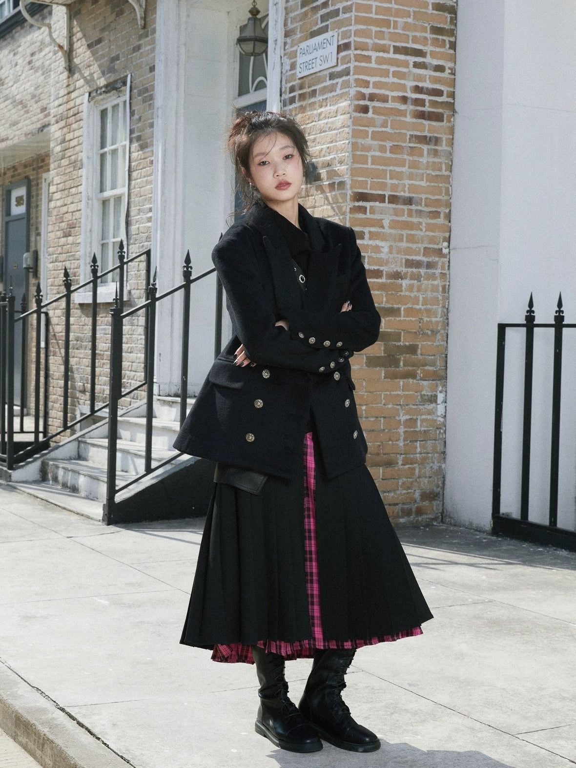 FULLTIDE Pleated A Line Mid Waist Suspenders Women Plaid Poly Cotton Blend Midi Skirt