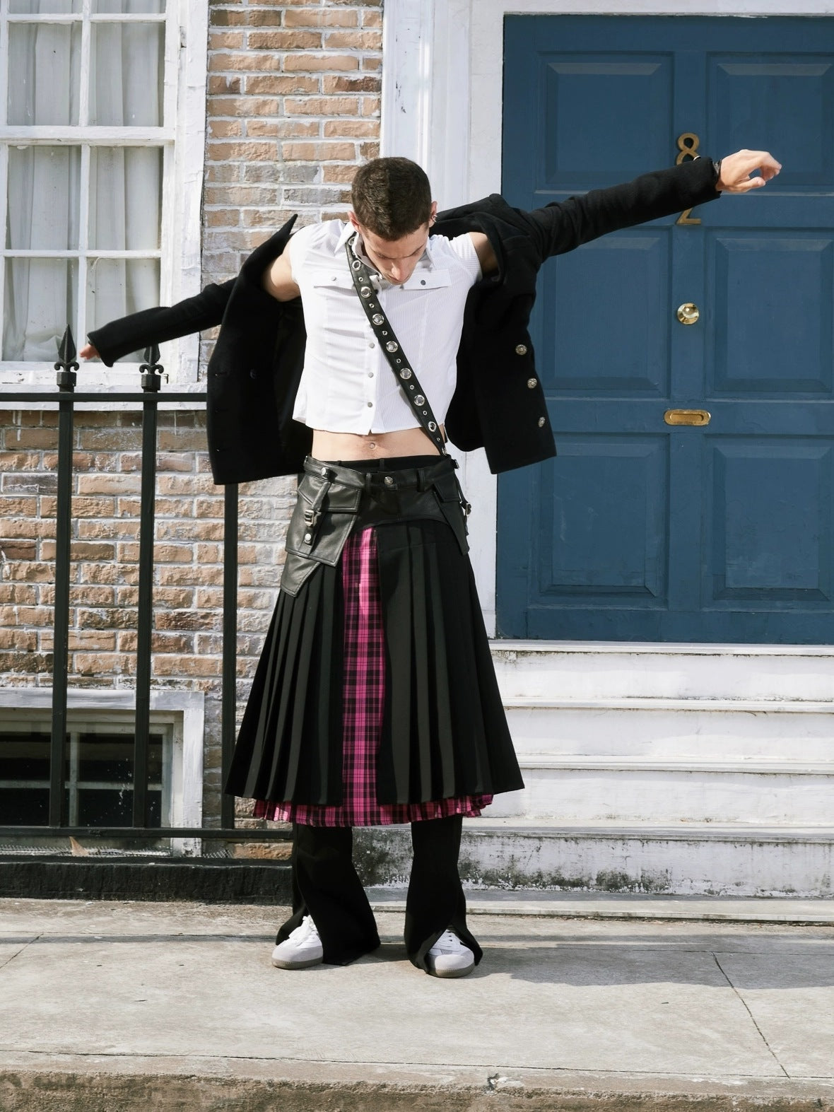 FULLTIDE Pleated A Line Mid Waist Suspenders Women Plaid Poly Cotton Blend Midi Skirt