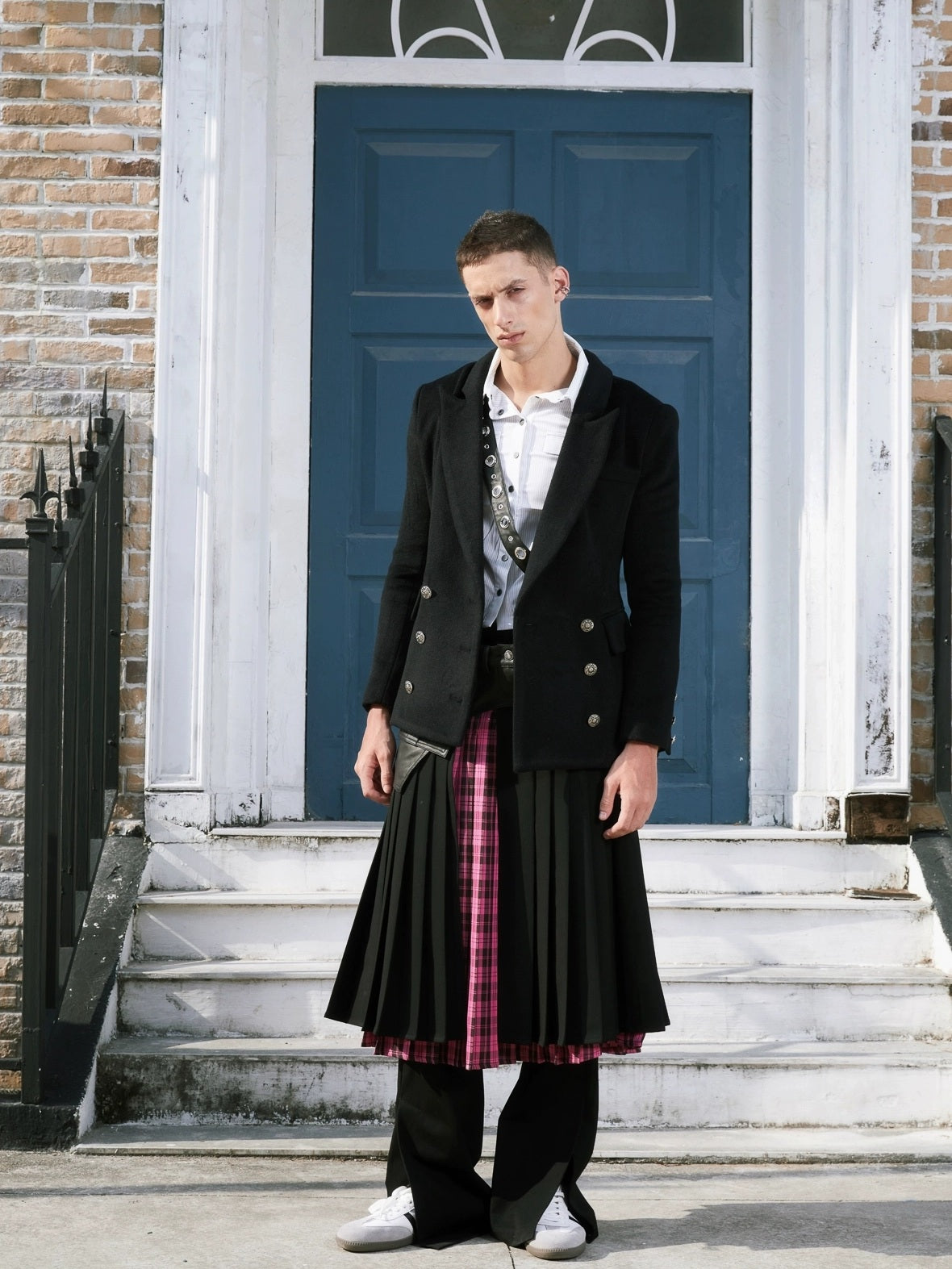 FULLTIDE Pleated A Line Mid Waist Suspenders Women Plaid Poly Cotton Blend Midi Skirt