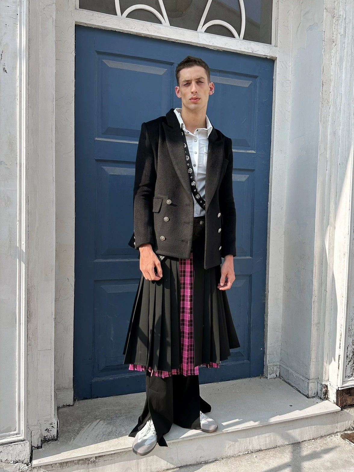 FULLTIDE Pleated A Line Mid Waist Suspenders Women Plaid Poly Cotton Blend Midi Skirt