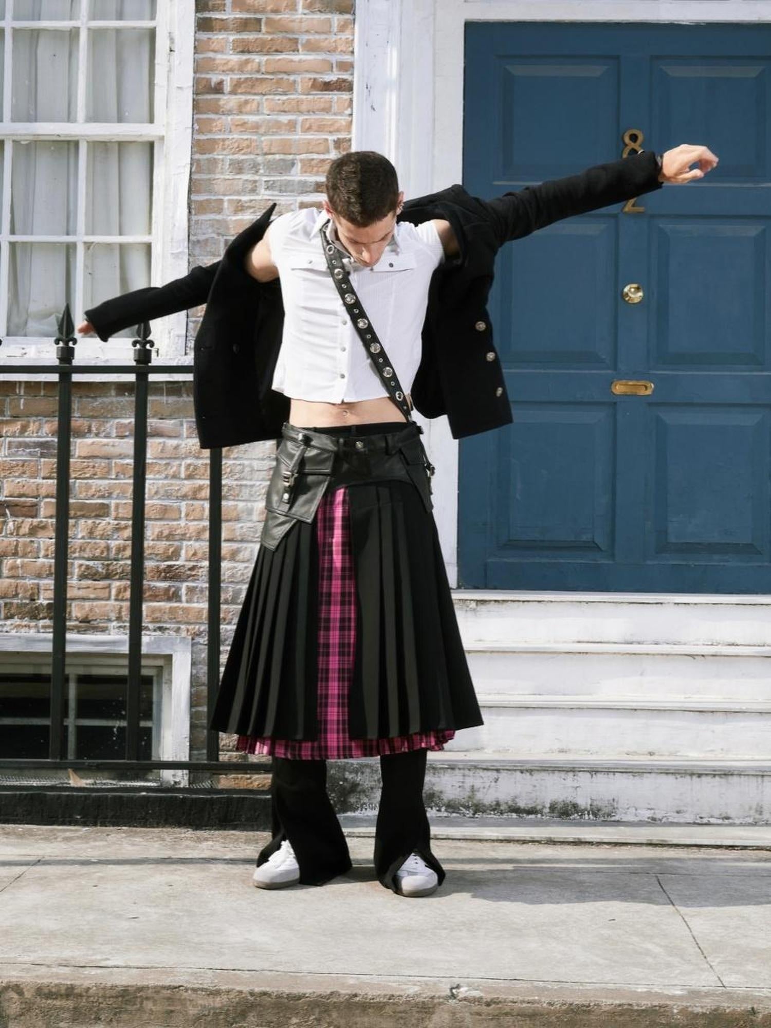 FULLTIDE Pleated A Line Mid Waist Suspenders Women Plaid Poly Cotton Blend Midi Skirt