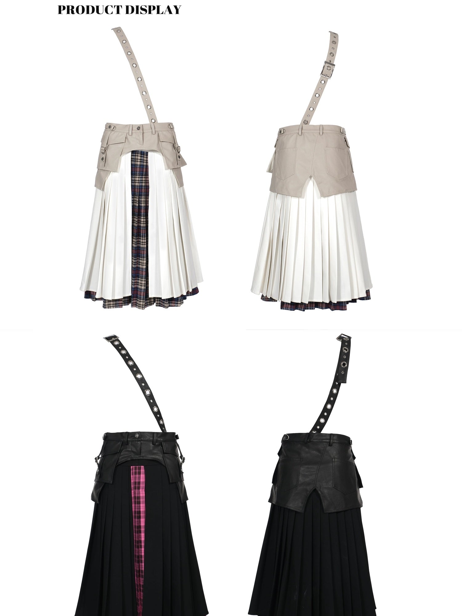 FULLTIDE Pleated A Line Mid Waist Suspenders Women Plaid Poly Cotton Blend Midi Skirt