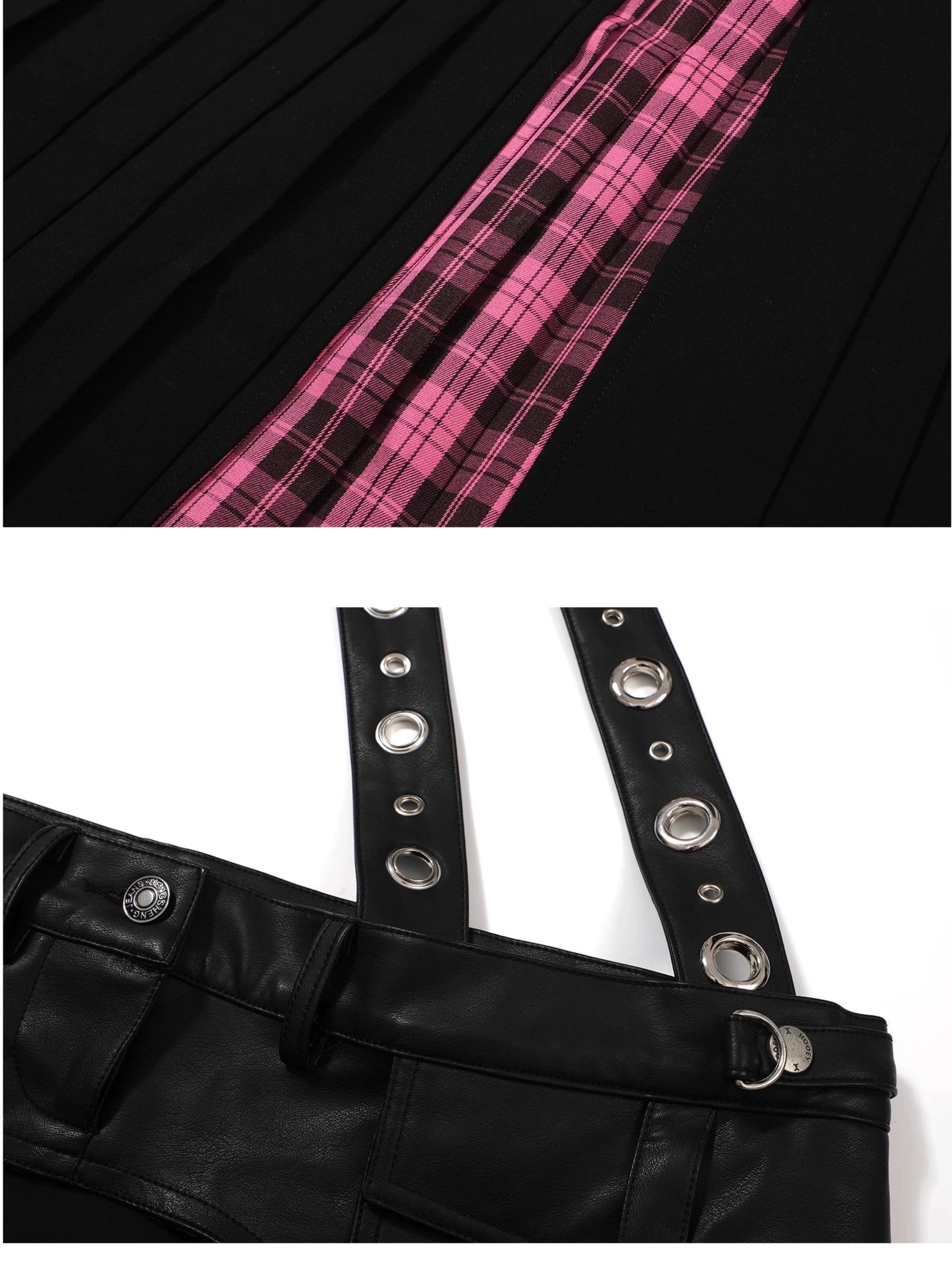 FULLTIDE Pleated A Line Mid Waist Suspenders Women Plaid Poly Cotton Blend Midi Skirt