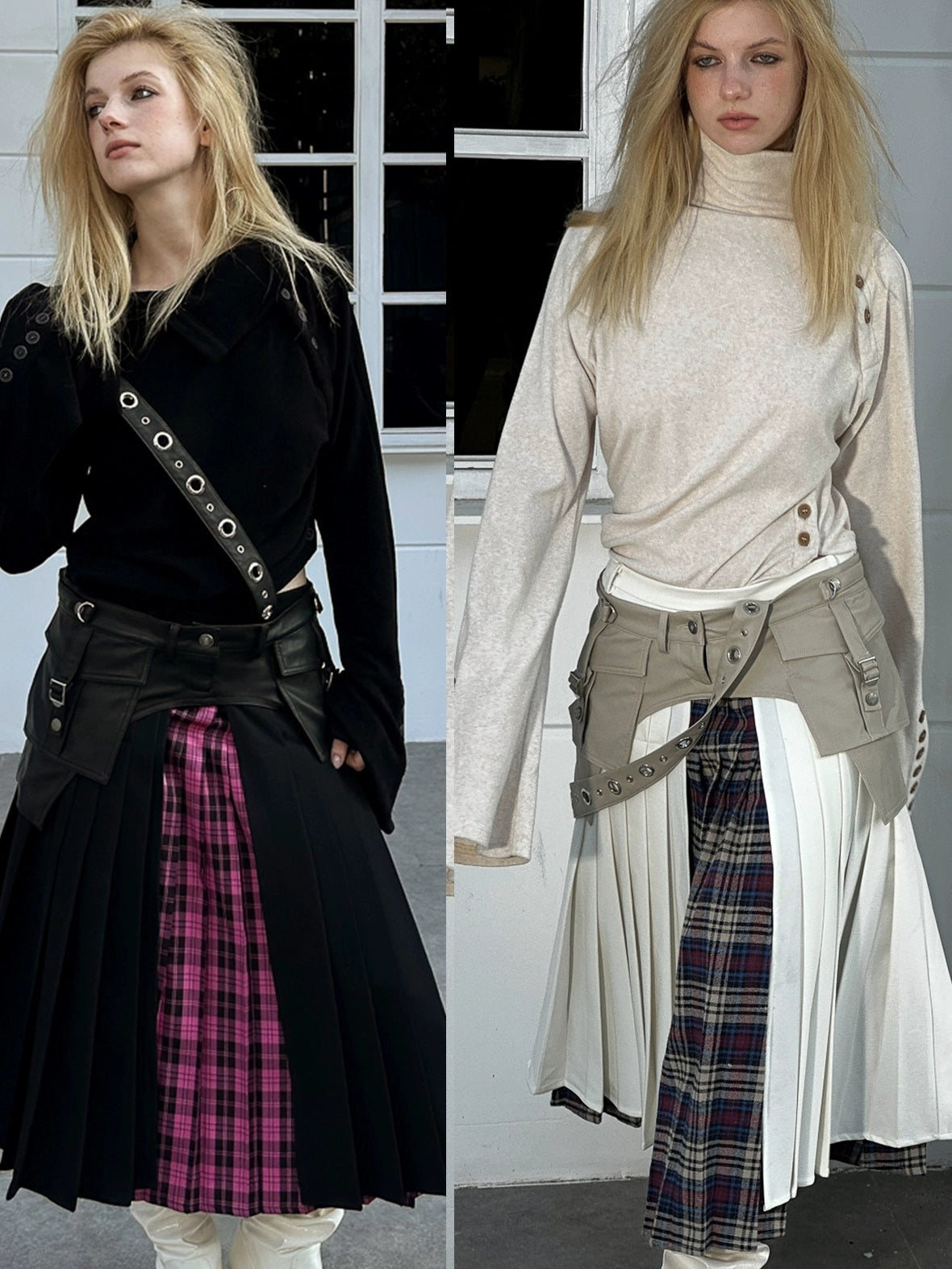 FULLTIDE Pleated A Line Mid Waist Suspenders Women Plaid Poly Cotton Blend Midi Skirt