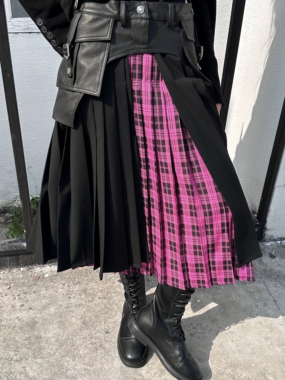 FULLTIDE Pleated A Line Mid Waist Suspenders Women Plaid Poly Cotton Blend Midi Skirt