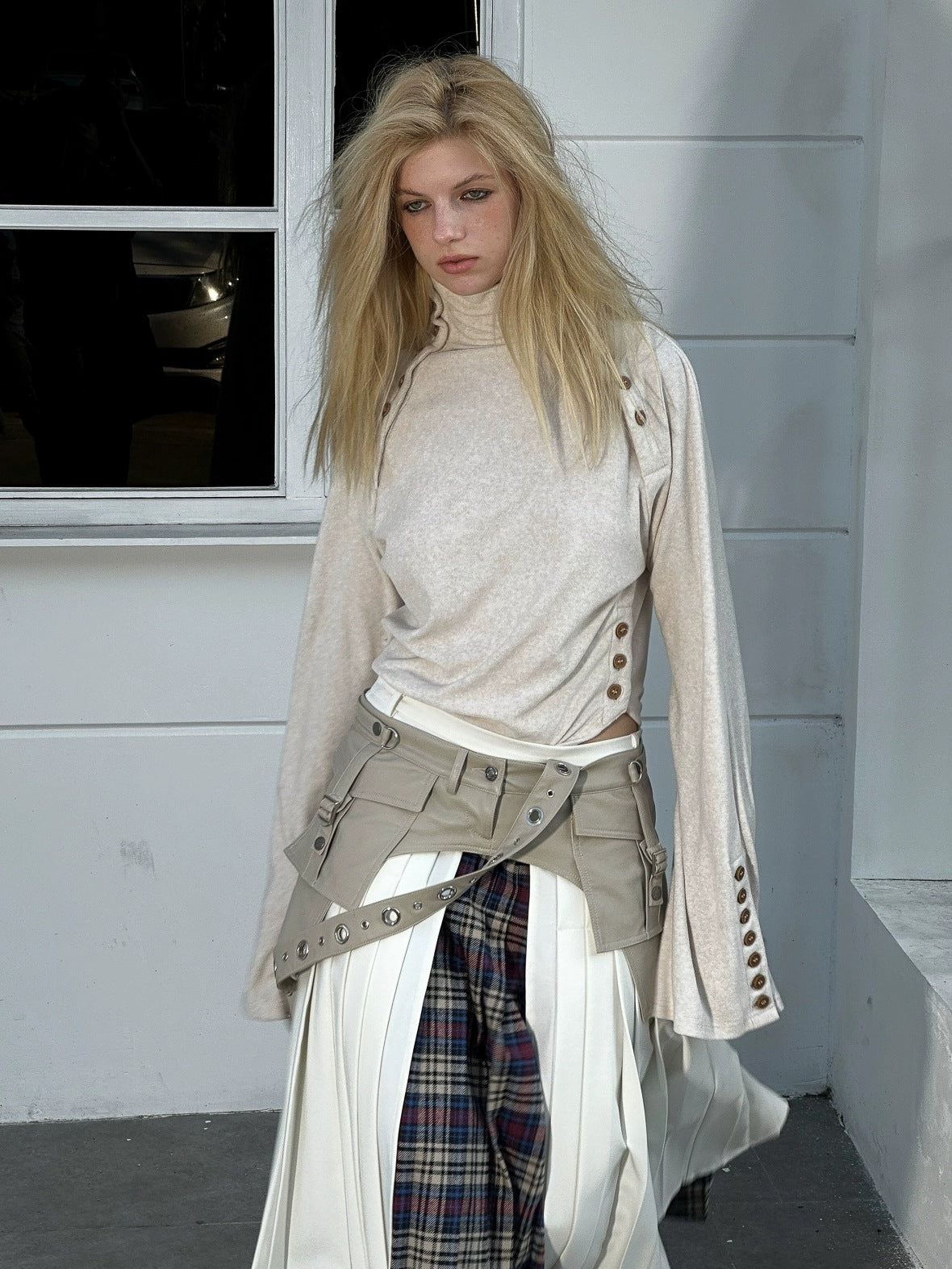 FULLTIDE Pleated A Line Mid Waist Suspenders Women Plaid Poly Cotton Blend Midi Skirt