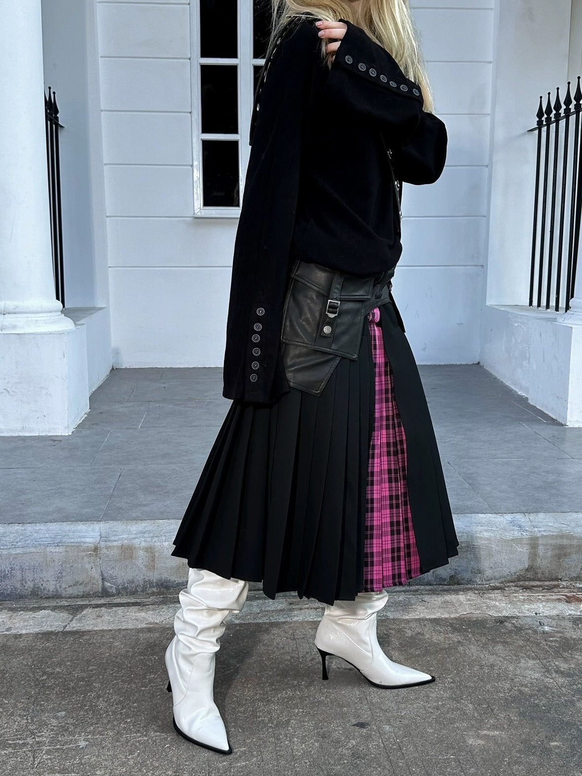 FULLTIDE Pleated A Line Mid Waist Suspenders Women Plaid Poly Cotton Blend Midi Skirt