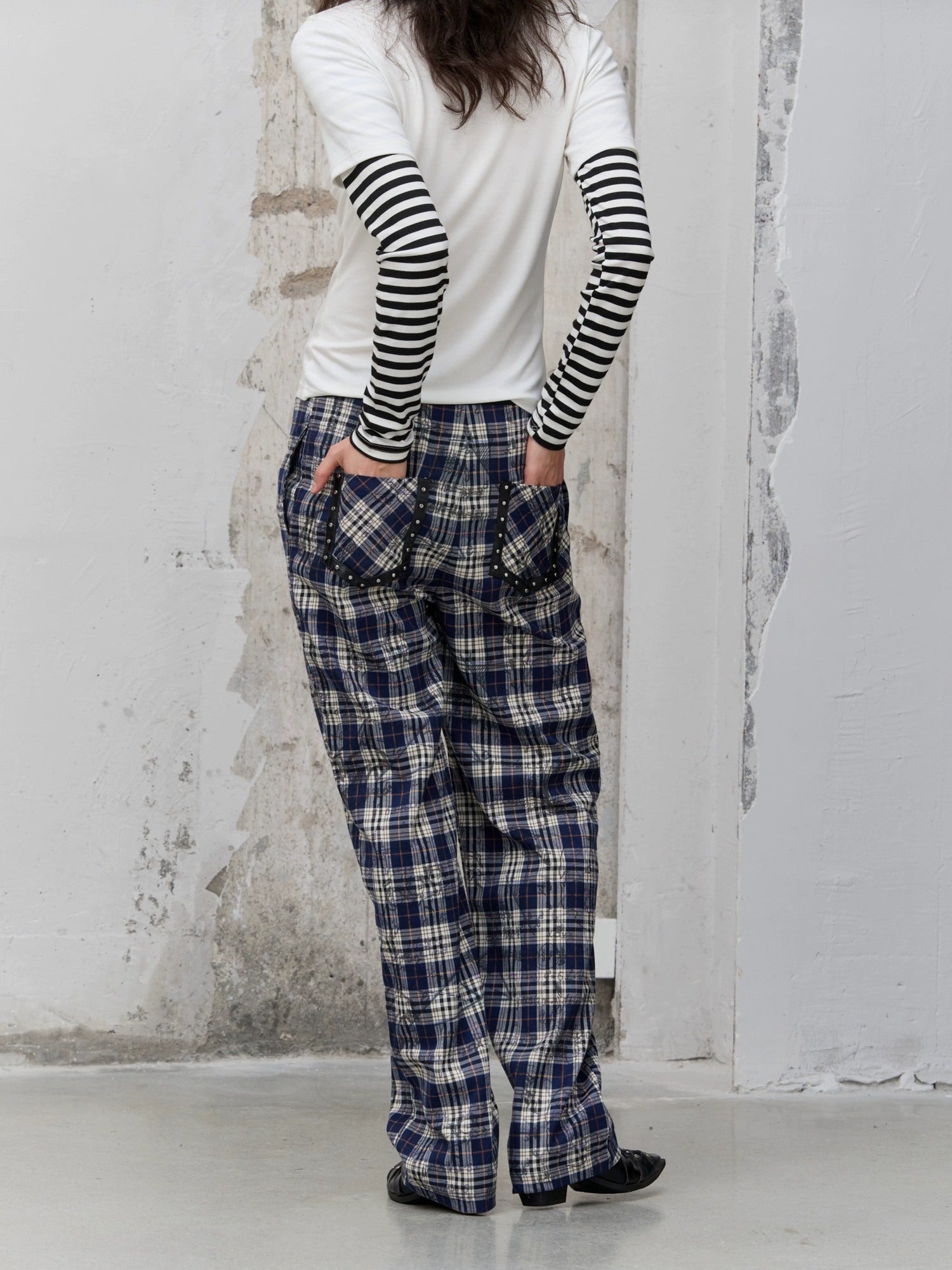 FULLTIDE Pleated Blue Plaid College Loose Fit Asymmetric Natural Waist Casual Unisex Pants