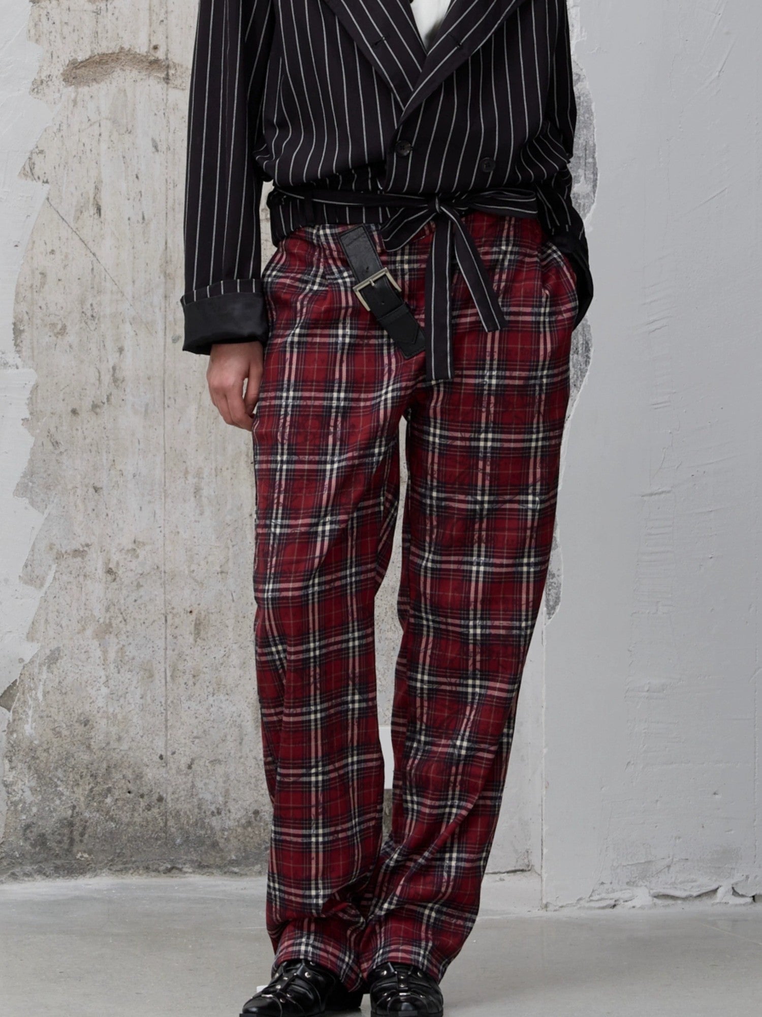 FULLTIDE Pleated Blue Plaid College Loose Fit Asymmetric Natural Waist Casual Unisex Pants