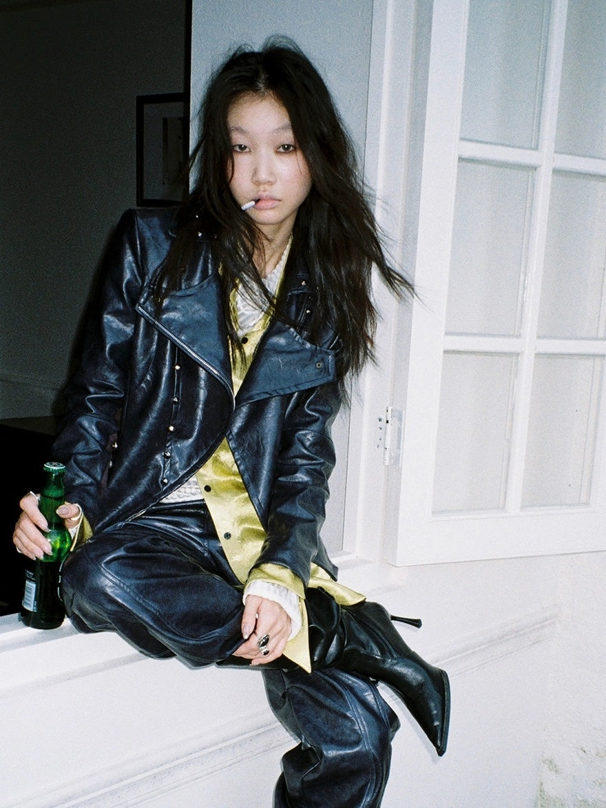 FULLTIDE Pu Leather Cropped Slim Fit Blazer Collar Street Women Burgundy Navy Jacket