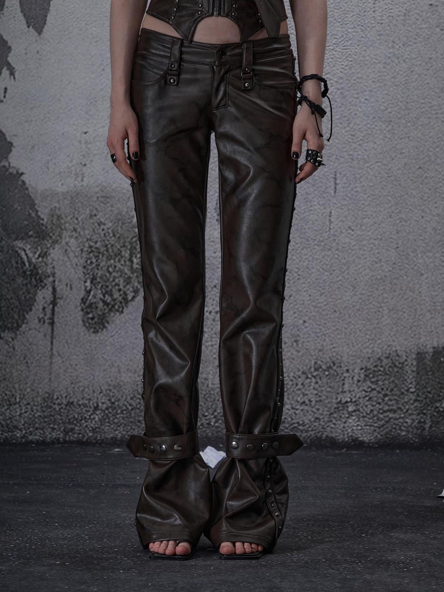 FULLTIDE Pu Leather Look Low Rise Asymmetric Wide Leg Street Style Women Pants