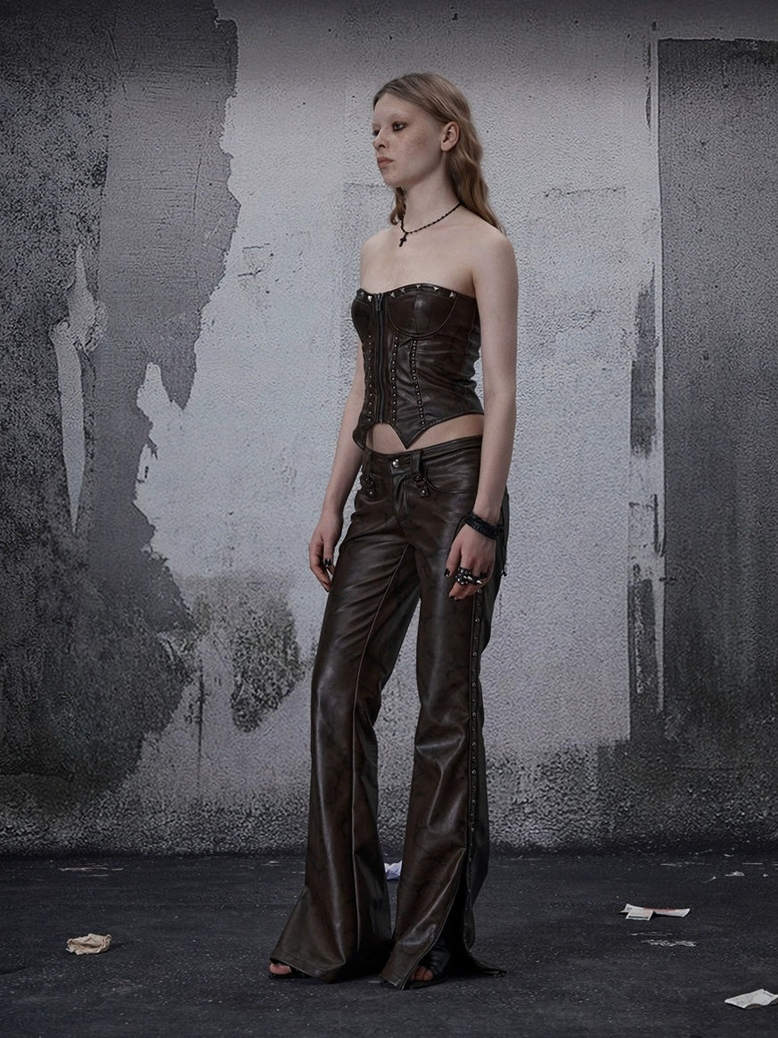 FULLTIDE Pu Leather Look Low Rise Asymmetric Wide Leg Street Style Women Pants