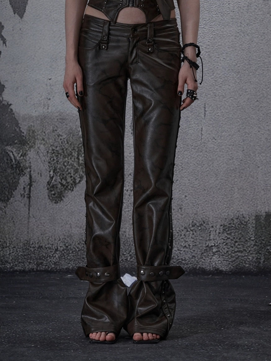 FULLTIDE Pu Leather Look Low Rise Asymmetric Wide Leg Street Style Women Pants