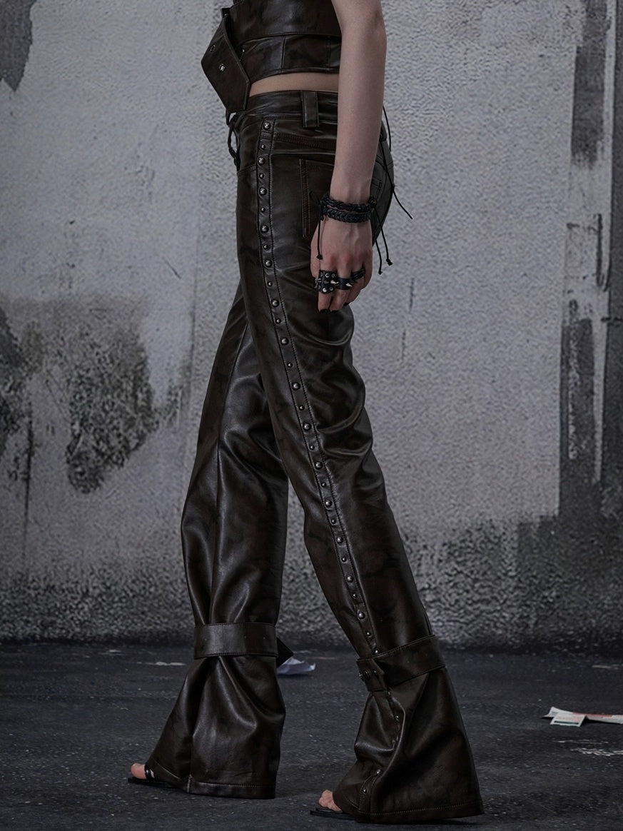 FULLTIDE Pu Leather Look Low Rise Asymmetric Wide Leg Street Style Women Pants