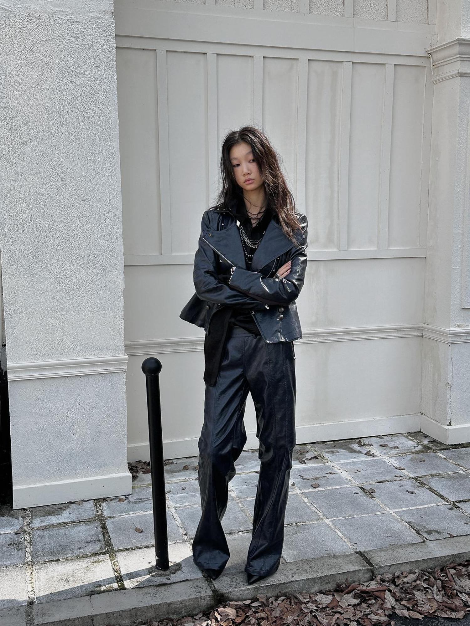 FULLTIDE Pu Leather Micro Flare Low Rise Original Design Navy Women Fashion Pants