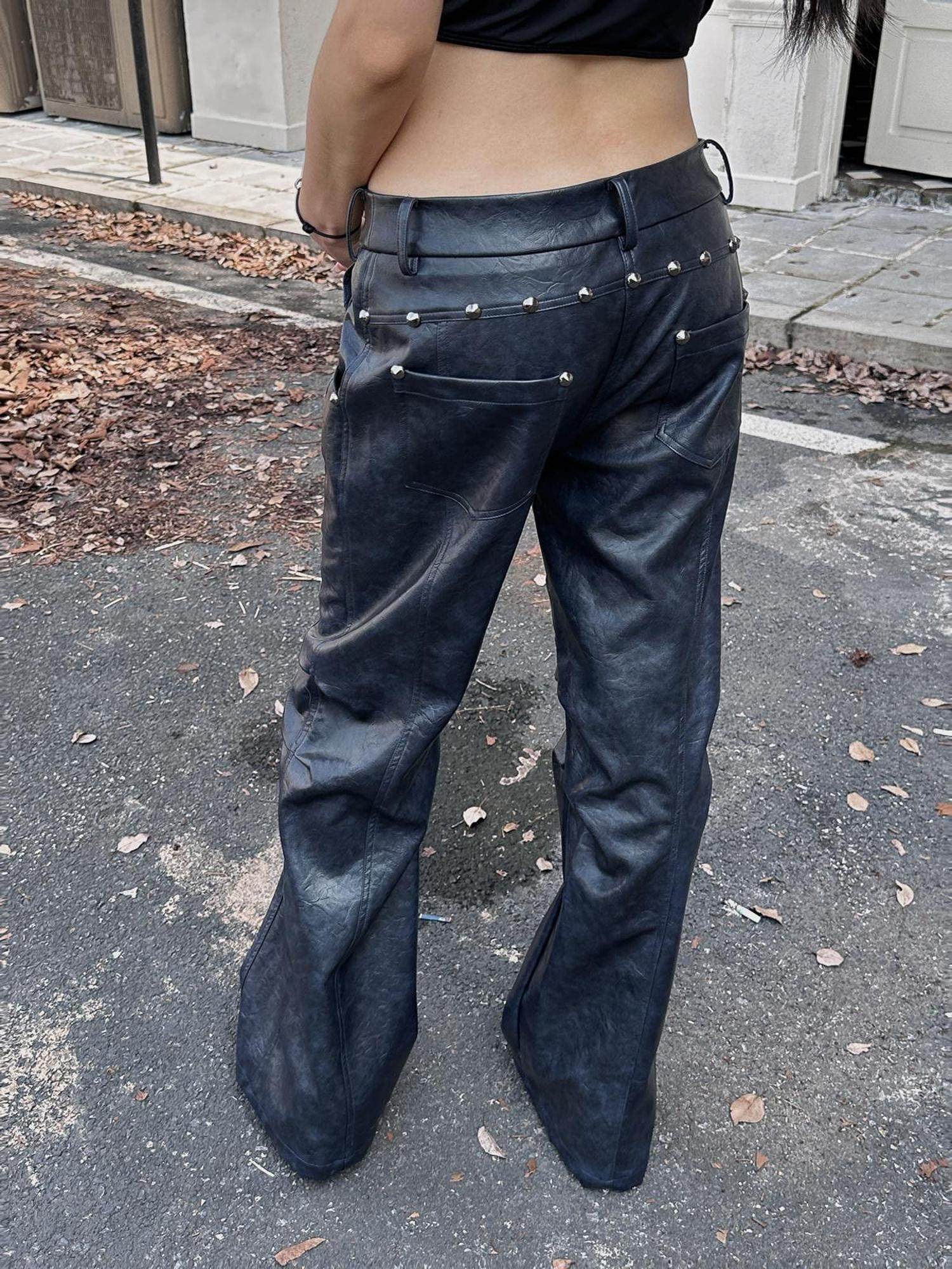 FULLTIDE Pu Leather Micro Flare Low Rise Original Design Navy Women Fashion Pants