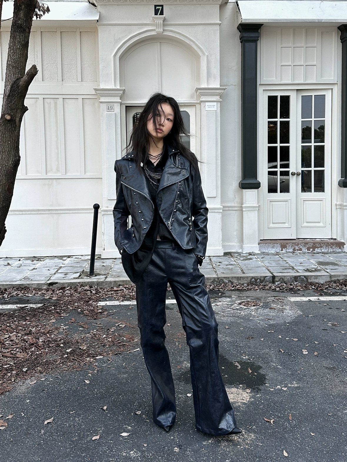 FULLTIDE Pu Leather Micro Flare Low Rise Original Design Navy Women Fashion Pants