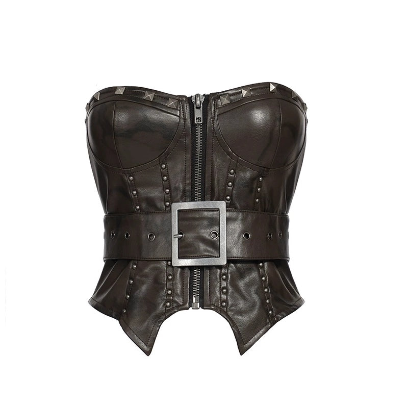 FULLTIDE_Pu_Leather_Zipper_Cropped_Fitted_Punk_Street_Women_Dark_Coffee_Tank_Top_MISSTT