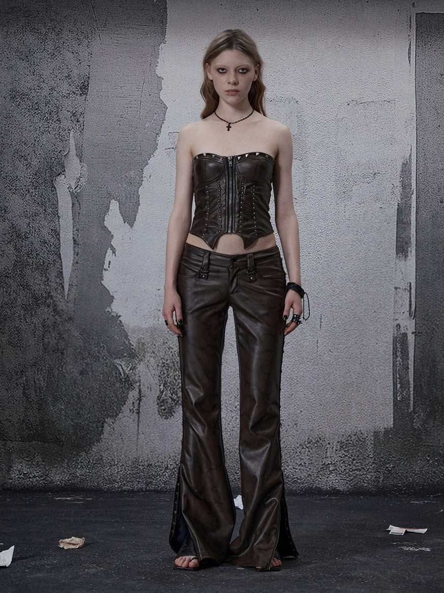 FULLTIDE Pu Leather Zipper Cropped Fitted Punk Street Women Dark Coffee Tank Top