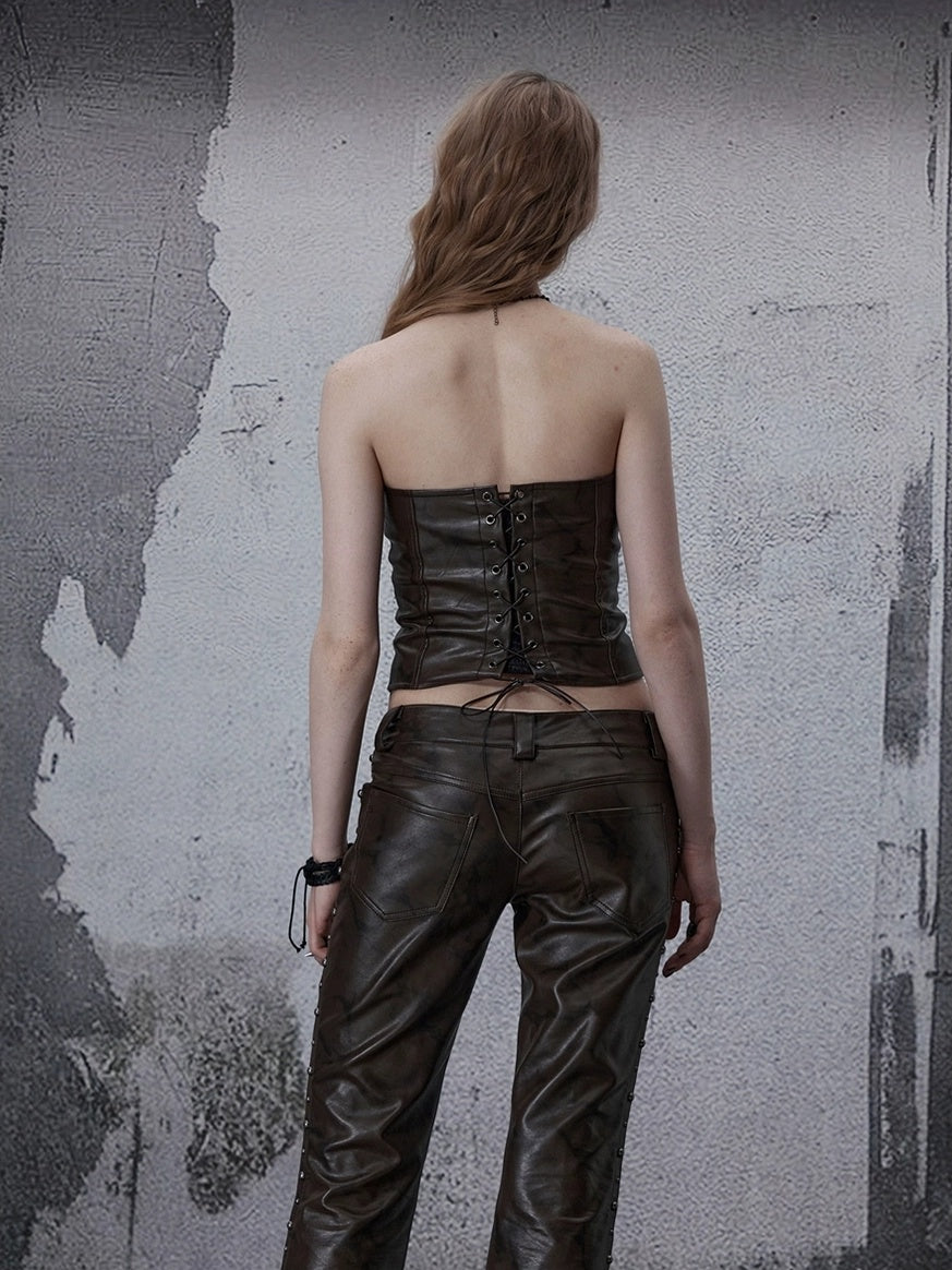 FULLTIDE Pu Leather Zipper Cropped Fitted Punk Street Women Dark Coffee Tank Top