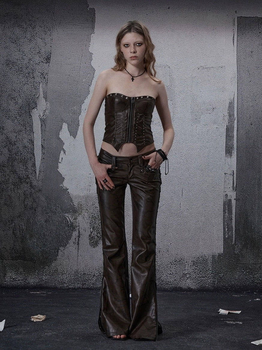 FULLTIDE Pu Leather Zipper Cropped Fitted Punk Street Women Dark Coffee Tank Top