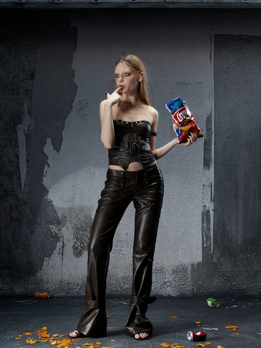 FULLTIDE Pu Leather Zipper Cropped Fitted Punk Street Women Dark Coffee Tank Top