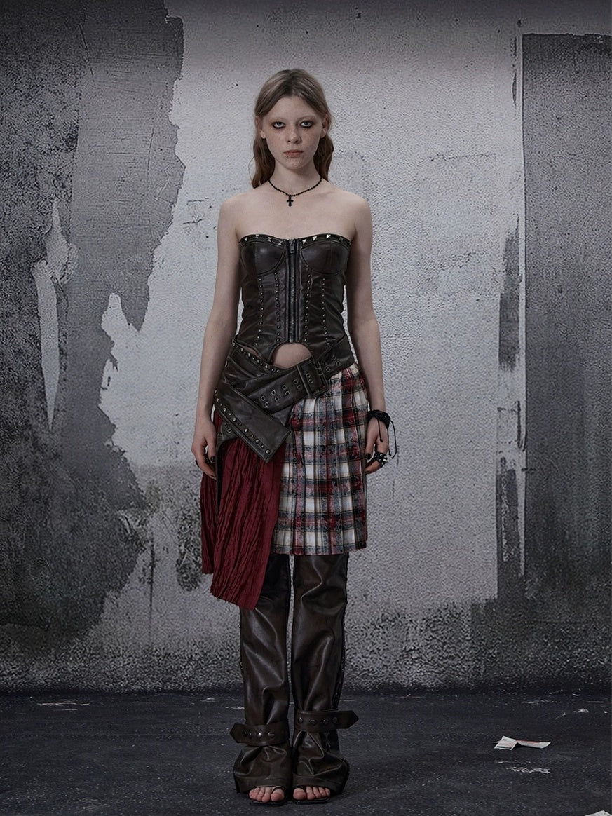 FULLTIDE Pu Leather Zipper Cropped Fitted Punk Street Women Dark Coffee Tank Top