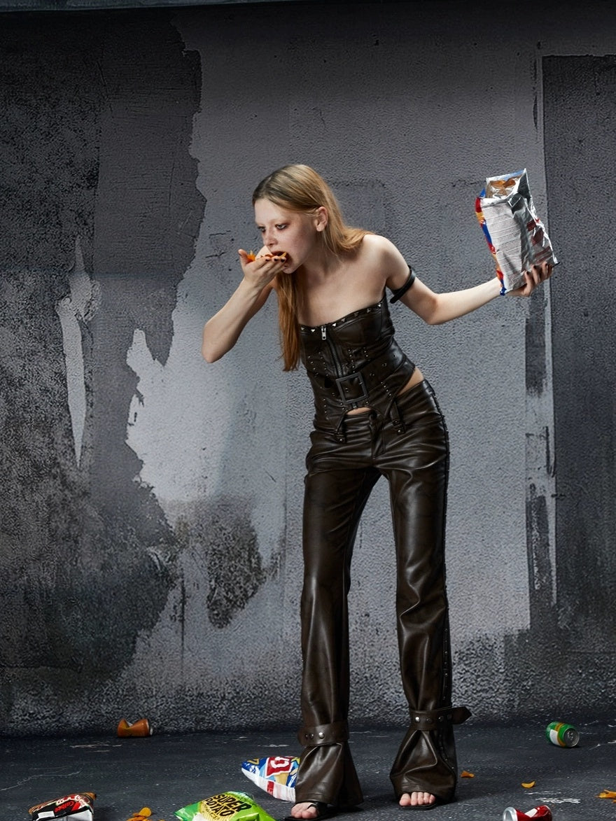 FULLTIDE Pu Leather Zipper Cropped Fitted Punk Street Women Dark Coffee Tank Top