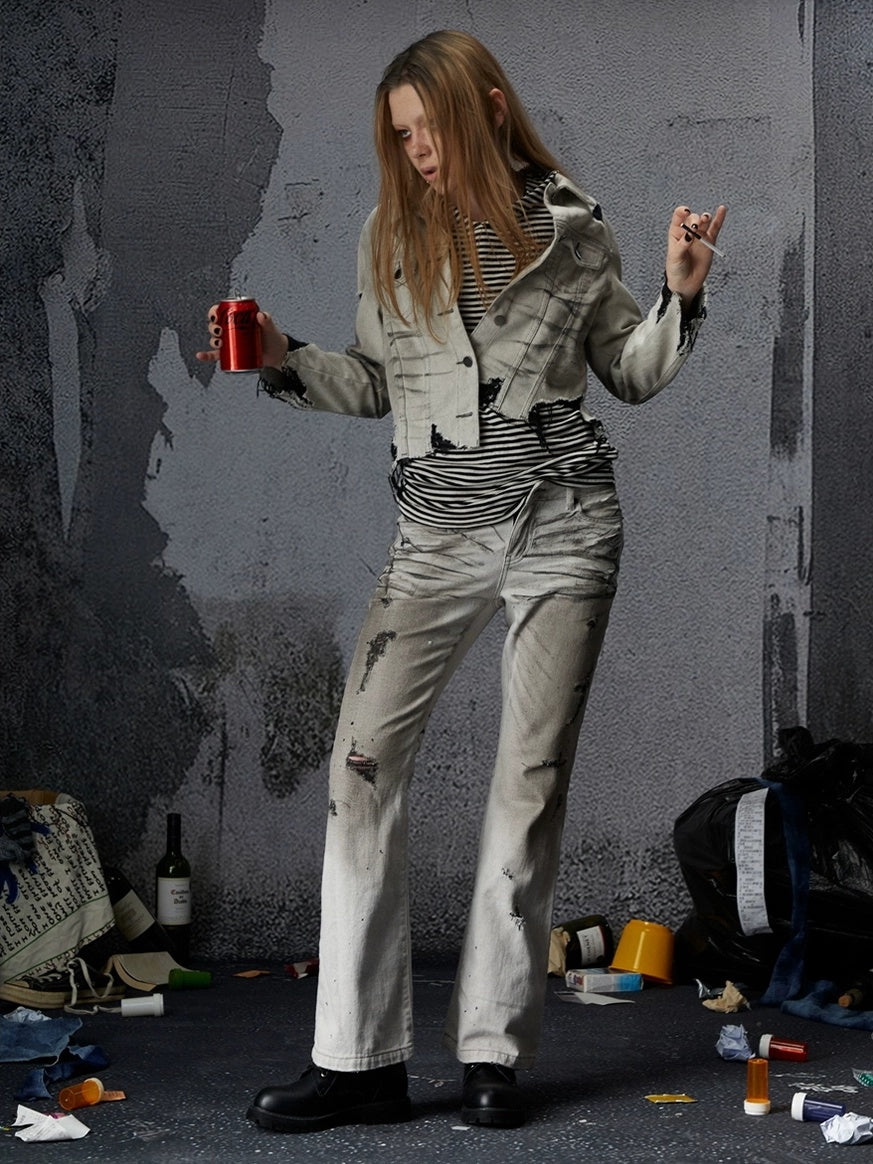 FULLTIDE Pure Cotton Vintage Striped Distressed Loose Round Neck Women T-Shirt