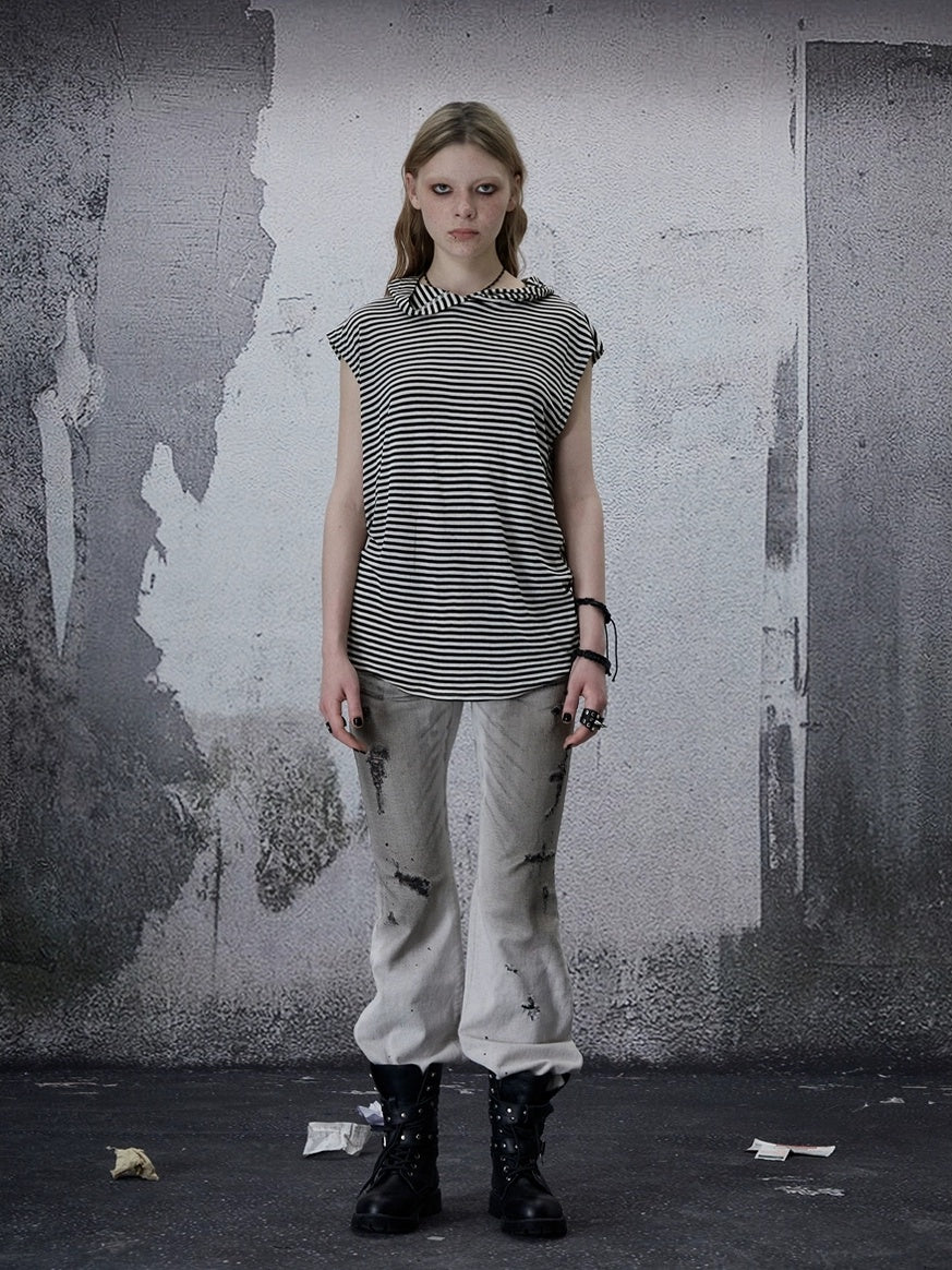 FULLTIDE Pure Cotton Vintage Striped Distressed Loose Round Neck Women T-Shirt