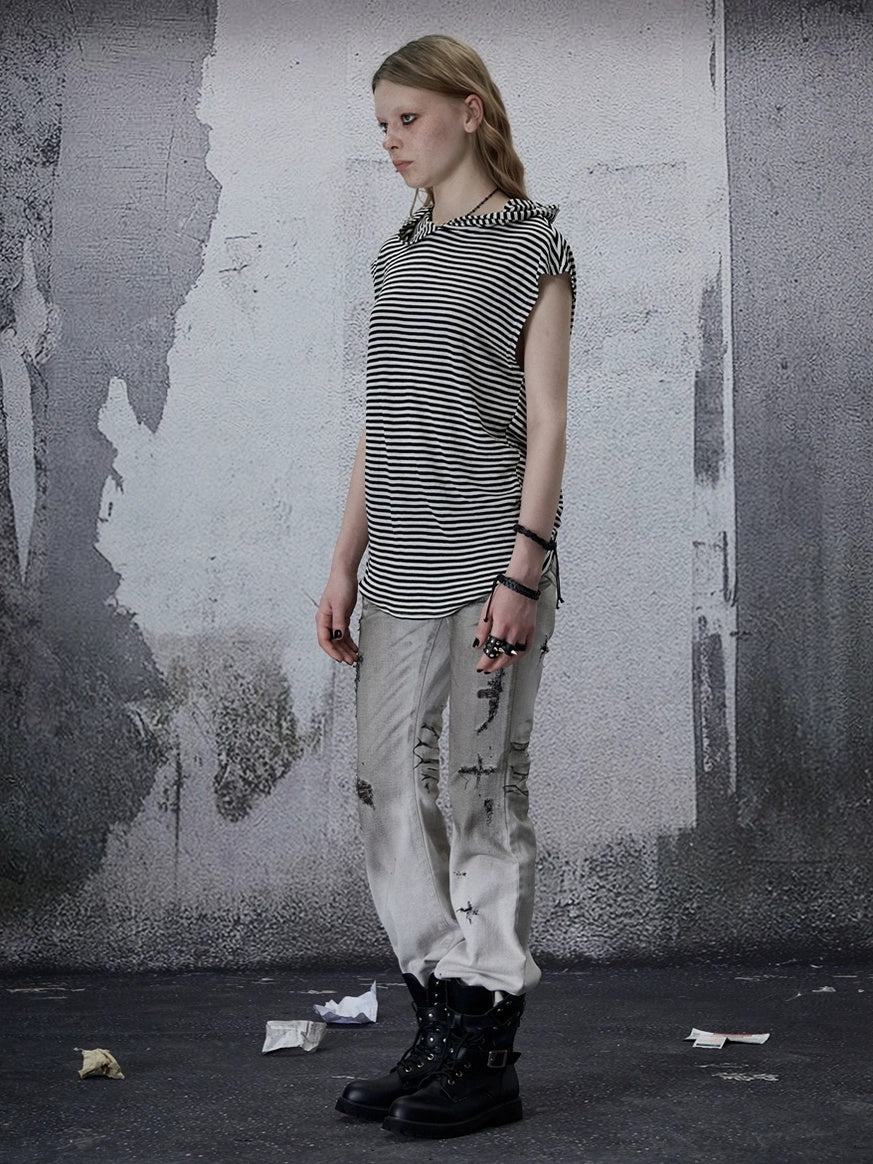 FULLTIDE Pure Cotton Vintage Striped Distressed Loose Round Neck Women T-Shirt