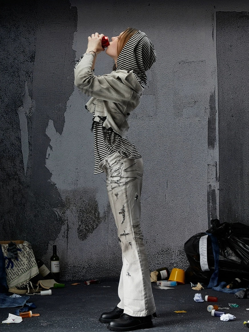 FULLTIDE Pure Cotton Vintage Striped Distressed Loose Round Neck Women T-Shirt