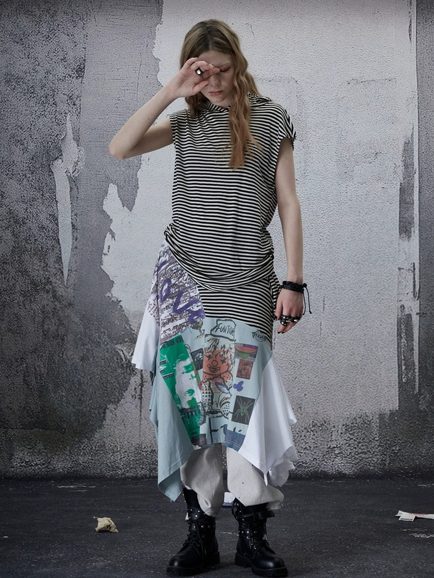 FULLTIDE Pure Cotton Vintage Striped Distressed Loose Round Neck Women T-Shirt