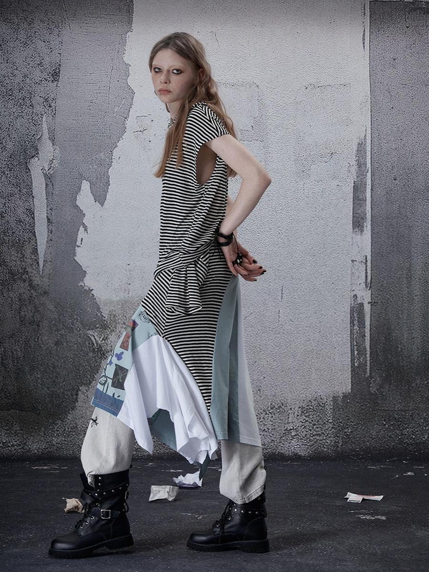 FULLTIDE Pure Cotton Vintage Striped Distressed Loose Round Neck Women T-Shirt