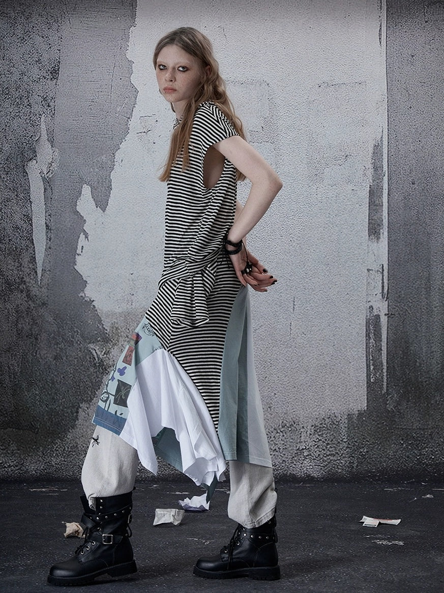 FULLTIDE Pure Cotton Vintage Striped Distressed Loose Round Neck Women T-Shirt