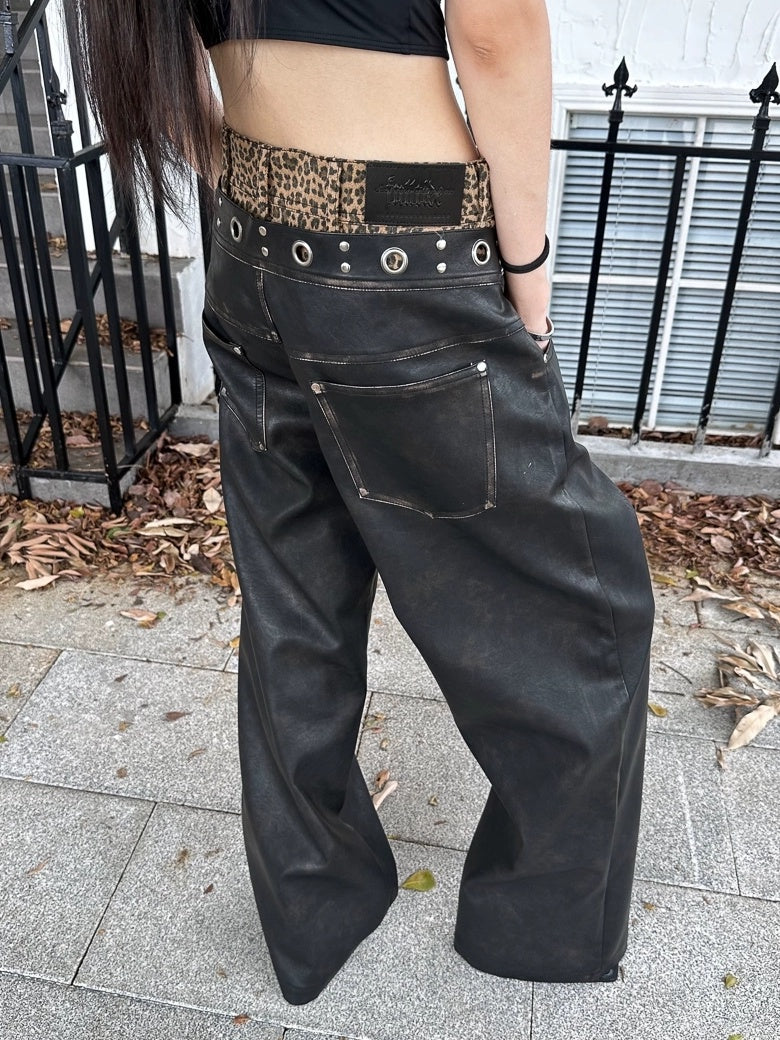 FULLTIDE Retro Pu Leather Leopard Wide Leg Double Waist Zipper Natural Waist Women Pants