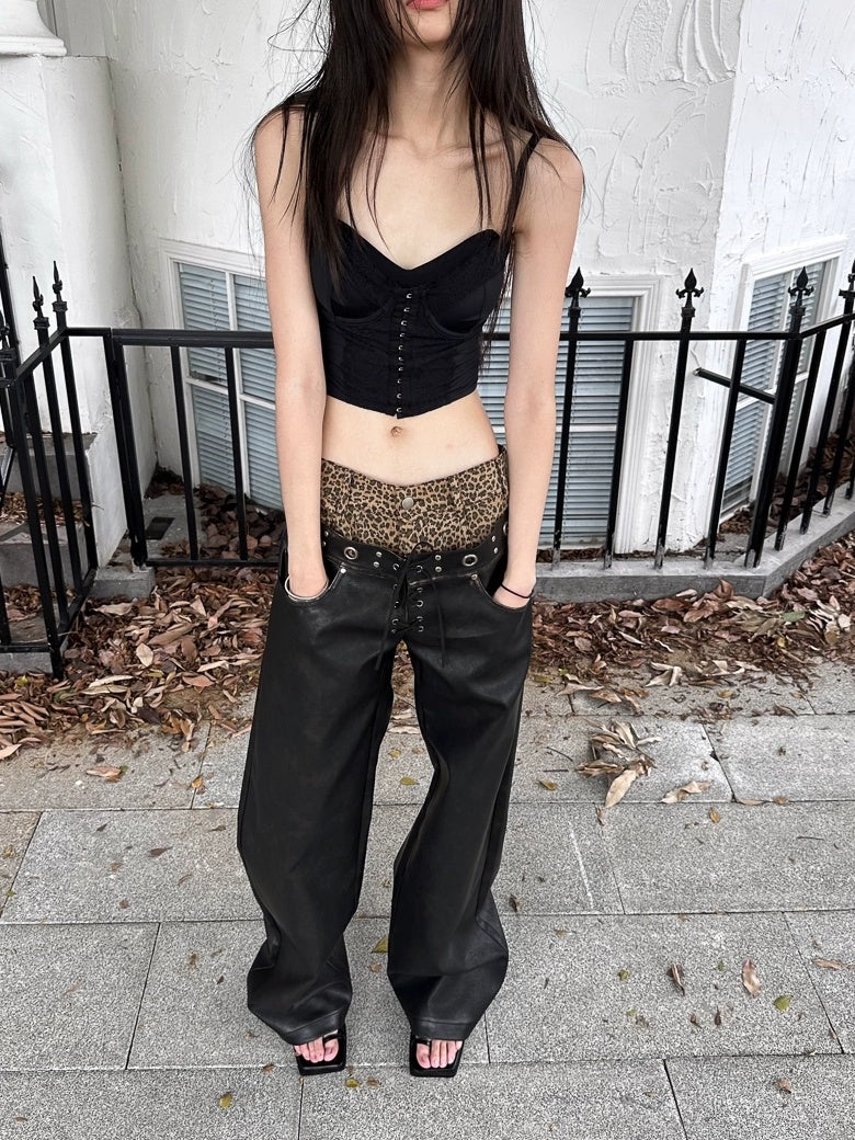 FULLTIDE Retro Pu Leather Leopard Wide Leg Double Waist Zipper Natural Waist Women Pants
