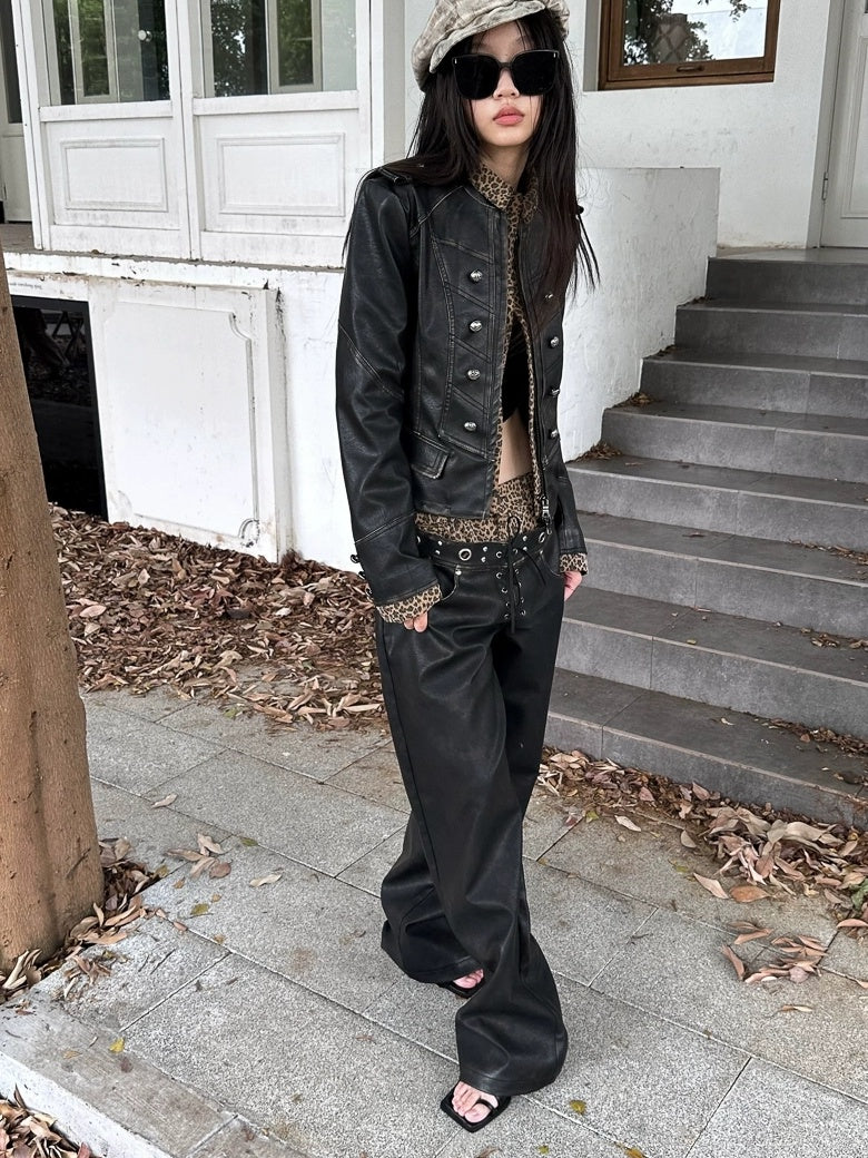 FULLTIDE Retro Pu Leather Leopard Wide Leg Double Waist Zipper Natural Waist Women Pants