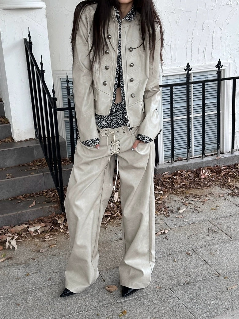 FULLTIDE Retro Pu Leather Leopard Wide Leg Double Waist Zipper Natural Waist Women Pants