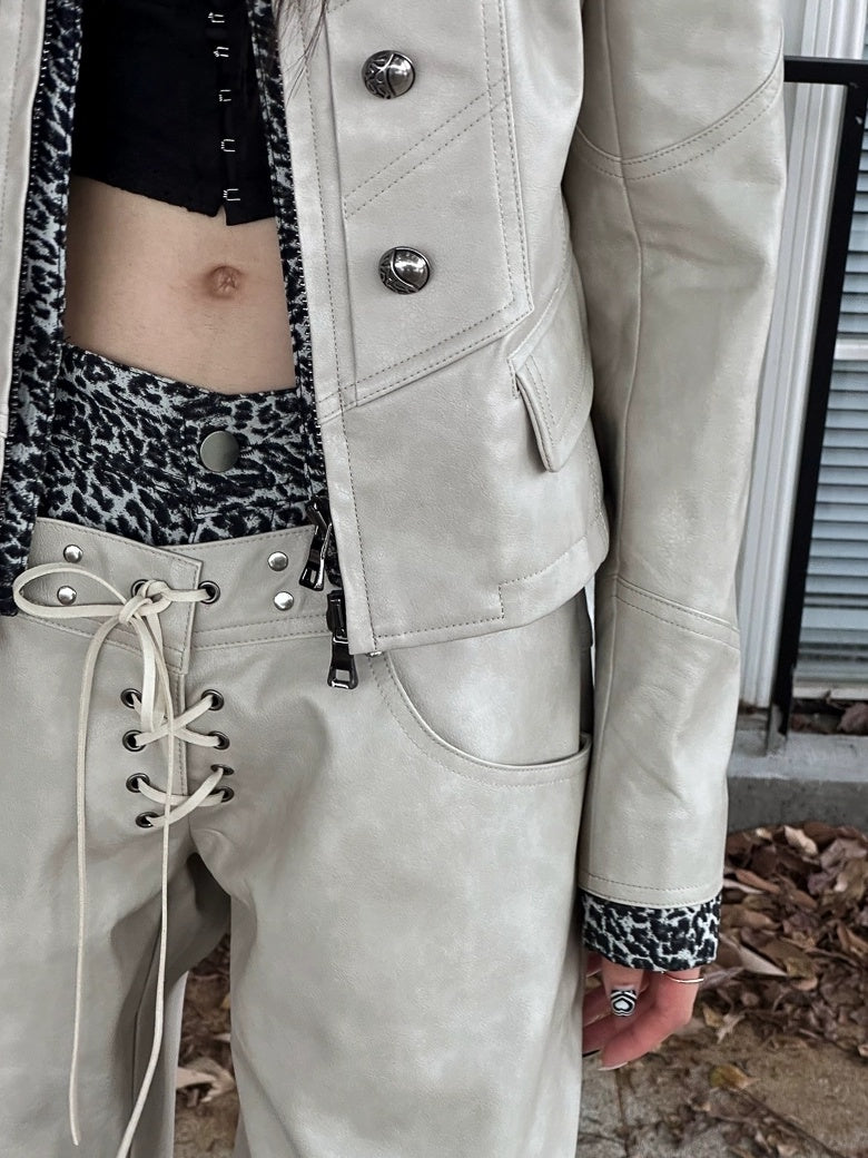 FULLTIDE Retro Pu Leather Leopard Wide Leg Double Waist Zipper Natural Waist Women Pants