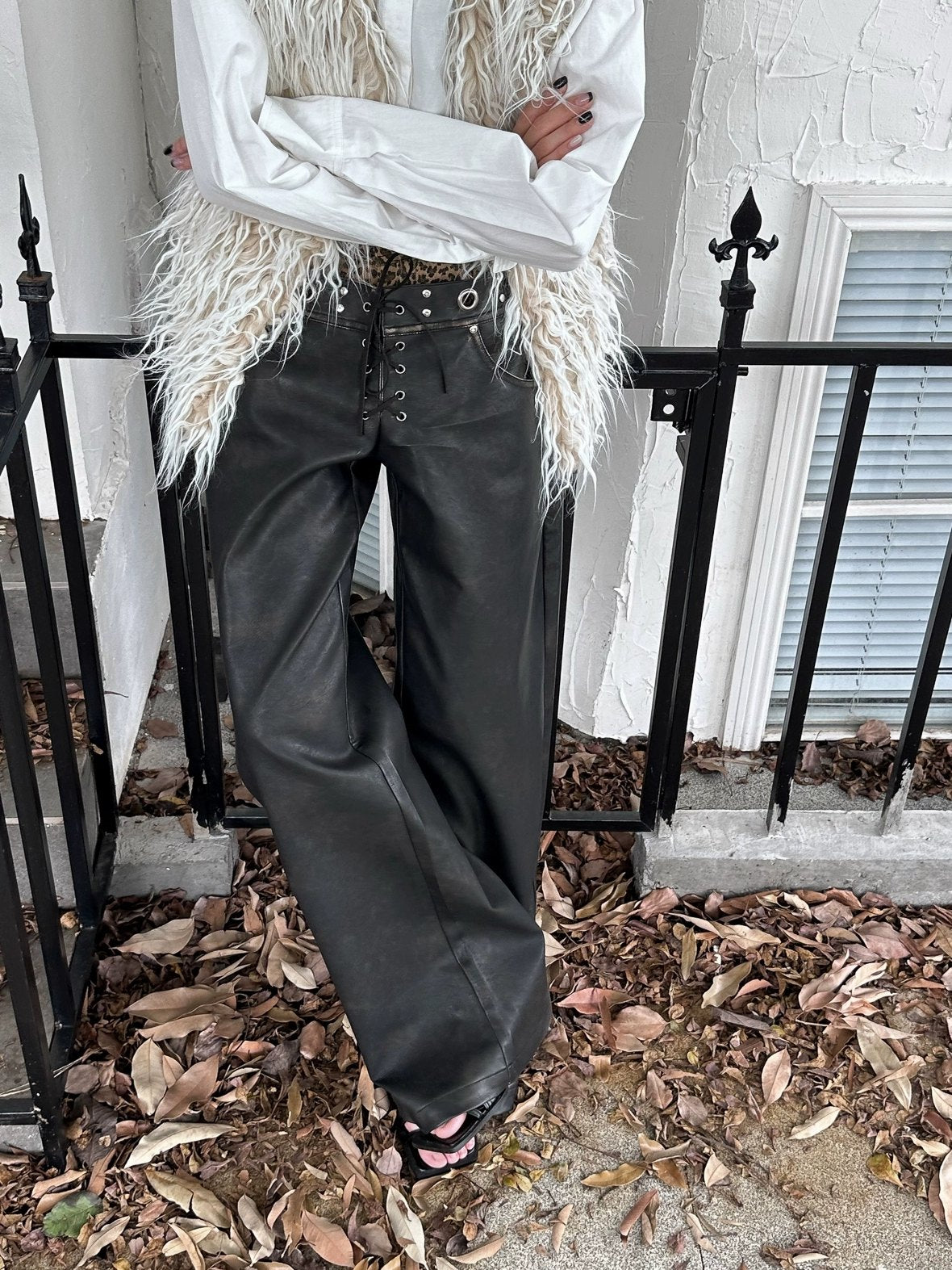 FULLTIDE Retro Pu Leather Leopard Wide Leg Double Waist Zipper Natural Waist Women Pants