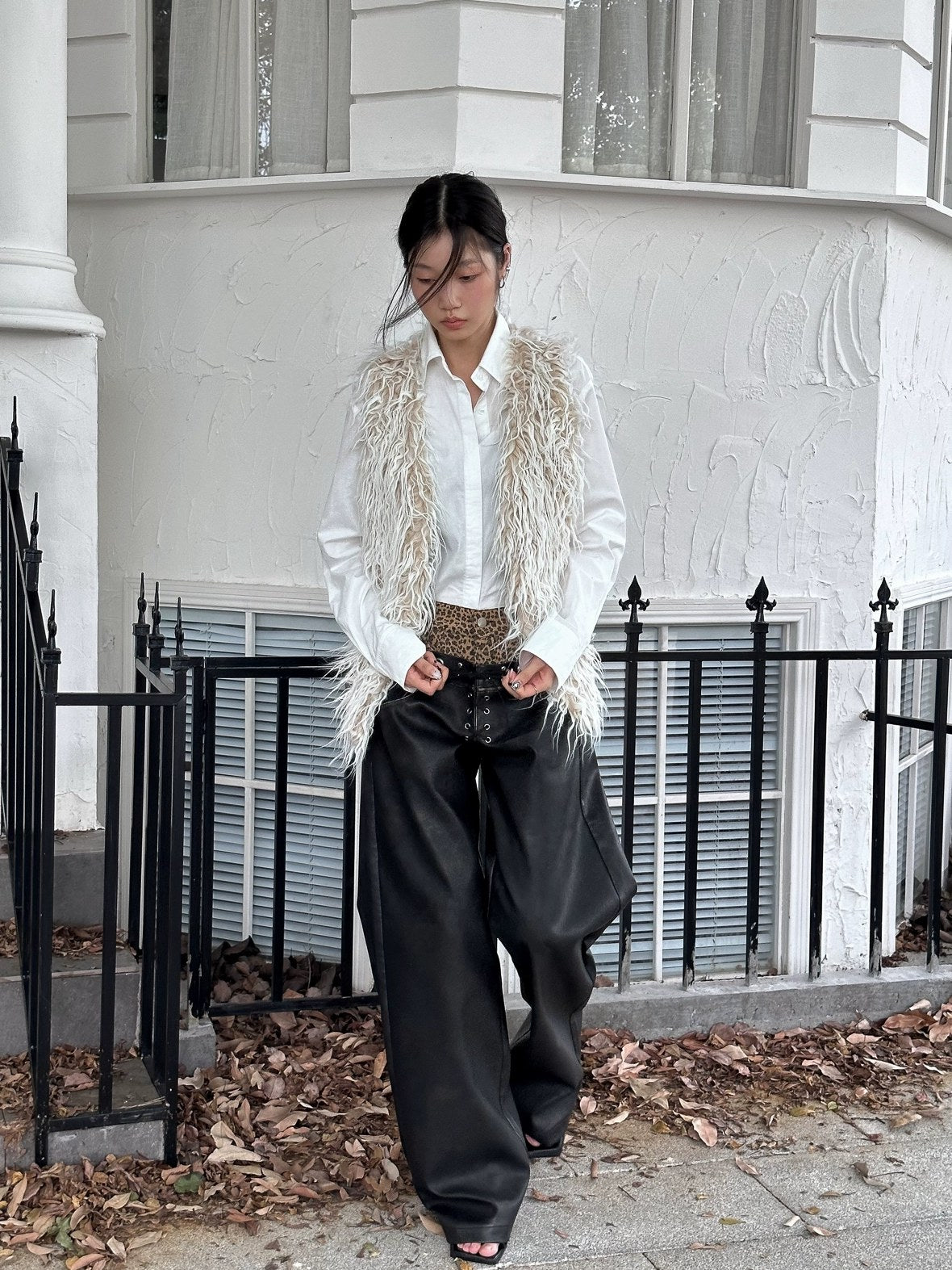 FULLTIDE Retro Pu Leather Leopard Wide Leg Double Waist Zipper Natural Waist Women Pants