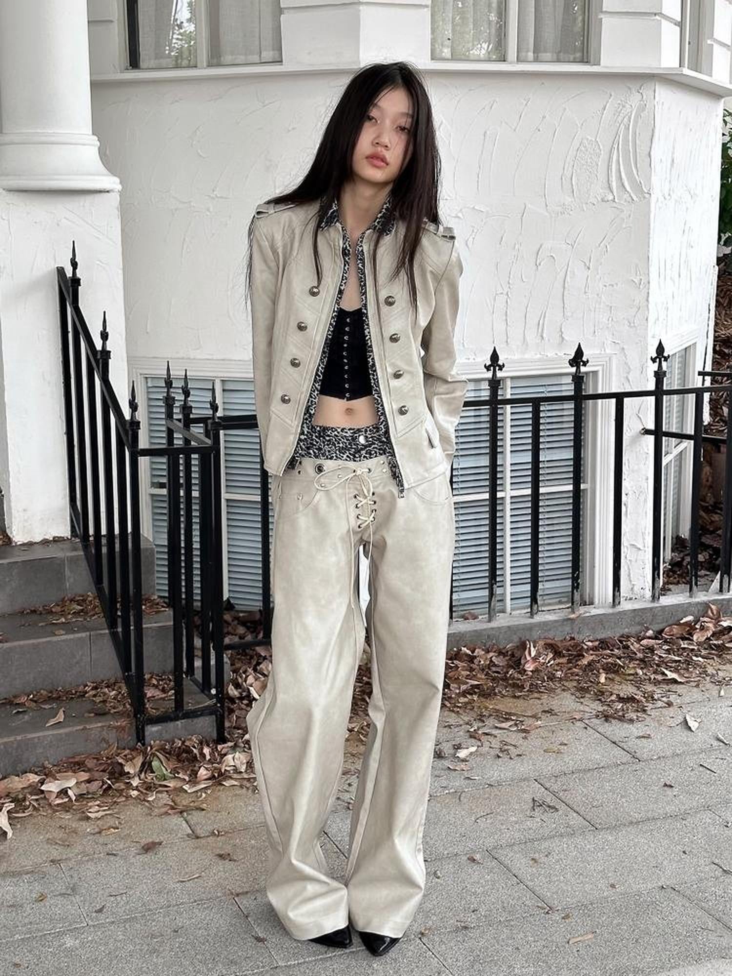 FULLTIDE Retro Pu Leather Leopard Wide Leg Double Waist Zipper Natural Waist Women Pants