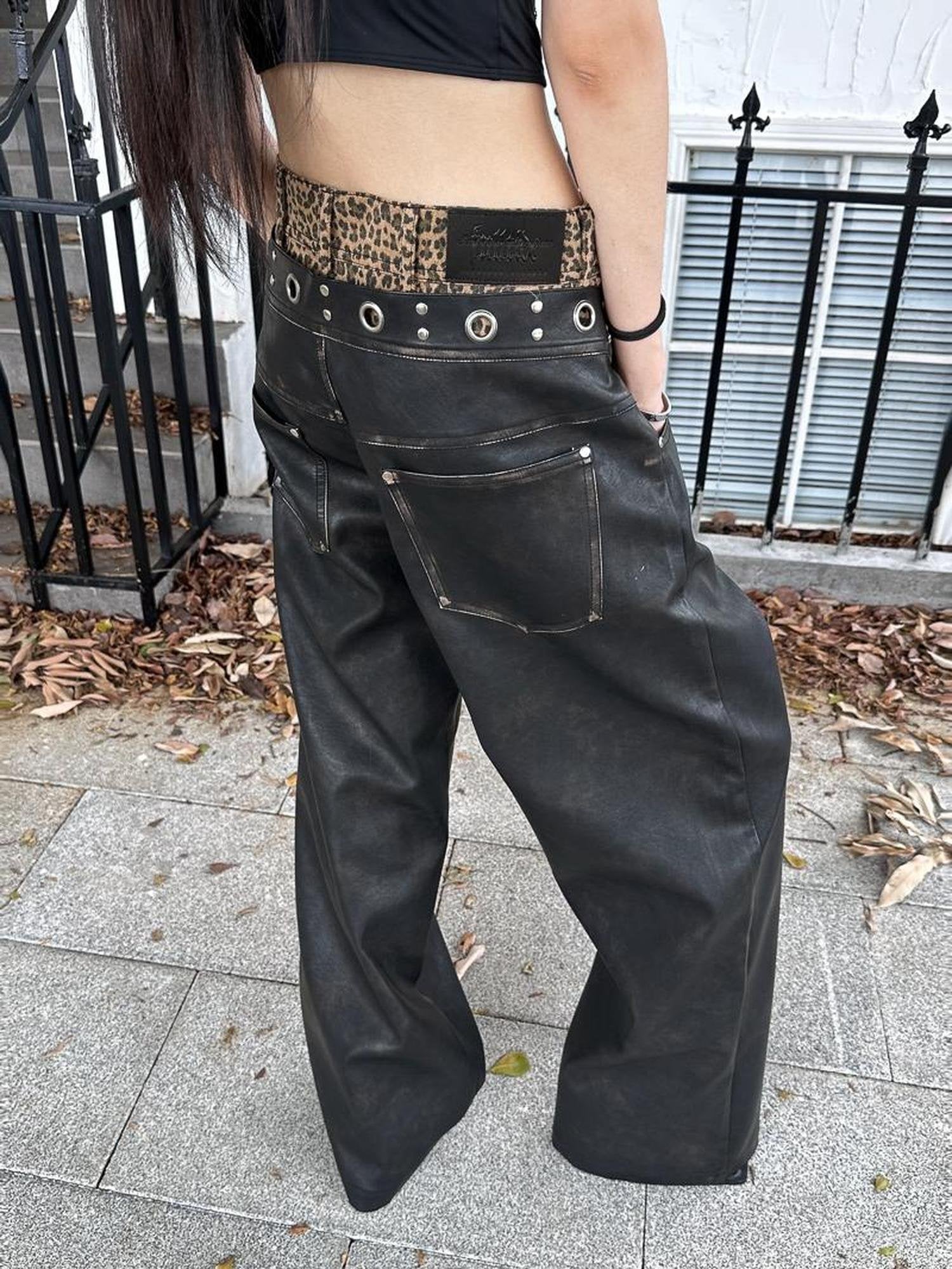 FULLTIDE Retro Pu Leather Leopard Wide Leg Double Waist Zipper Natural Waist Women Pants