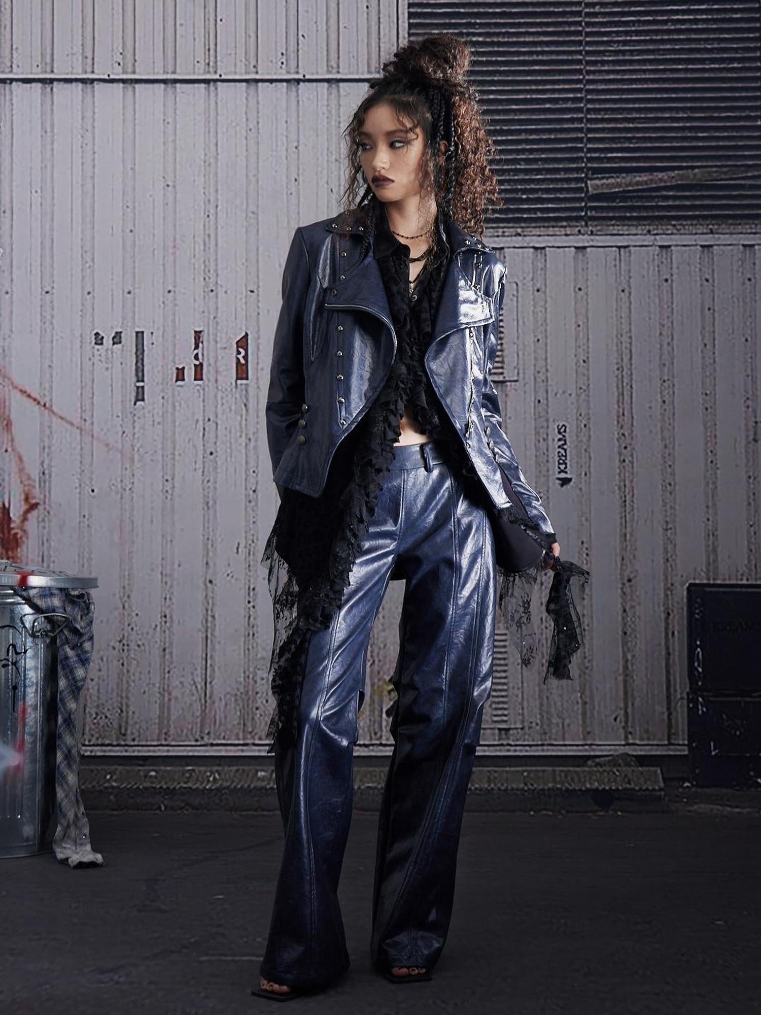 FULLTIDE Sleek Navy Pu Low Waist Micro Flare Original Design Women Leather Pants