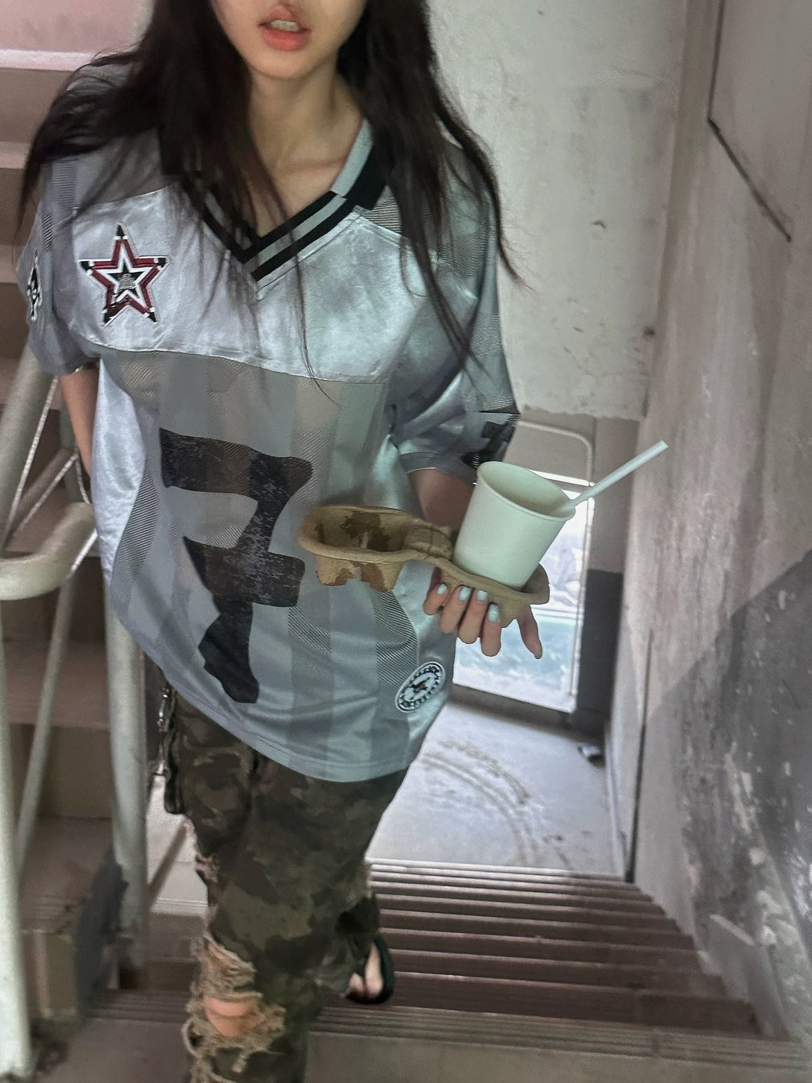 FULLTIDE Slim Hot Girl Crewneck Mid Length Women Striped Patchwork Triacetate T-Shirt