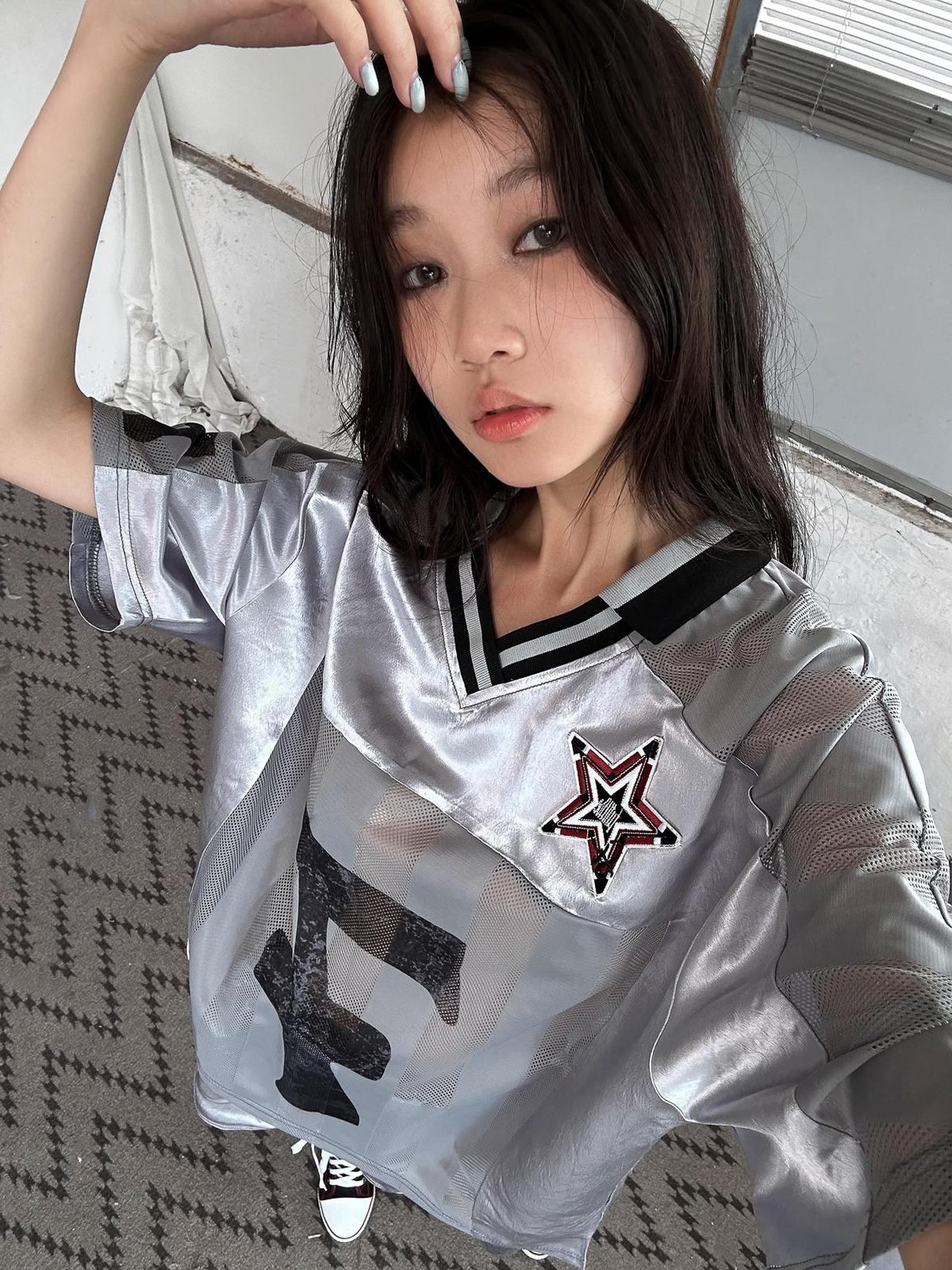 FULLTIDE Slim Hot Girl Crewneck Mid Length Women Striped Patchwork Triacetate T-Shirt