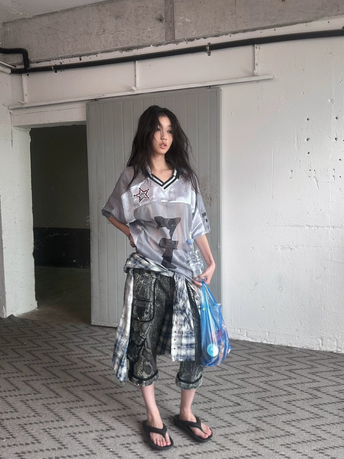 FULLTIDE Slim Hot Girl Crewneck Mid Length Women Striped Patchwork Triacetate T-Shirt